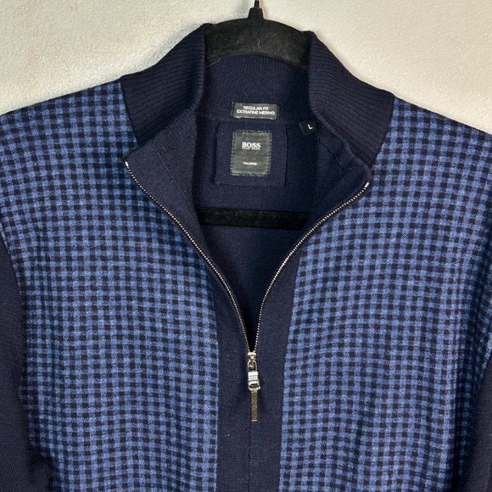 BOSS Hugo Cardigan Sweater Mens L Merino Wool Plaid Elbow Patch Gentleman Modern